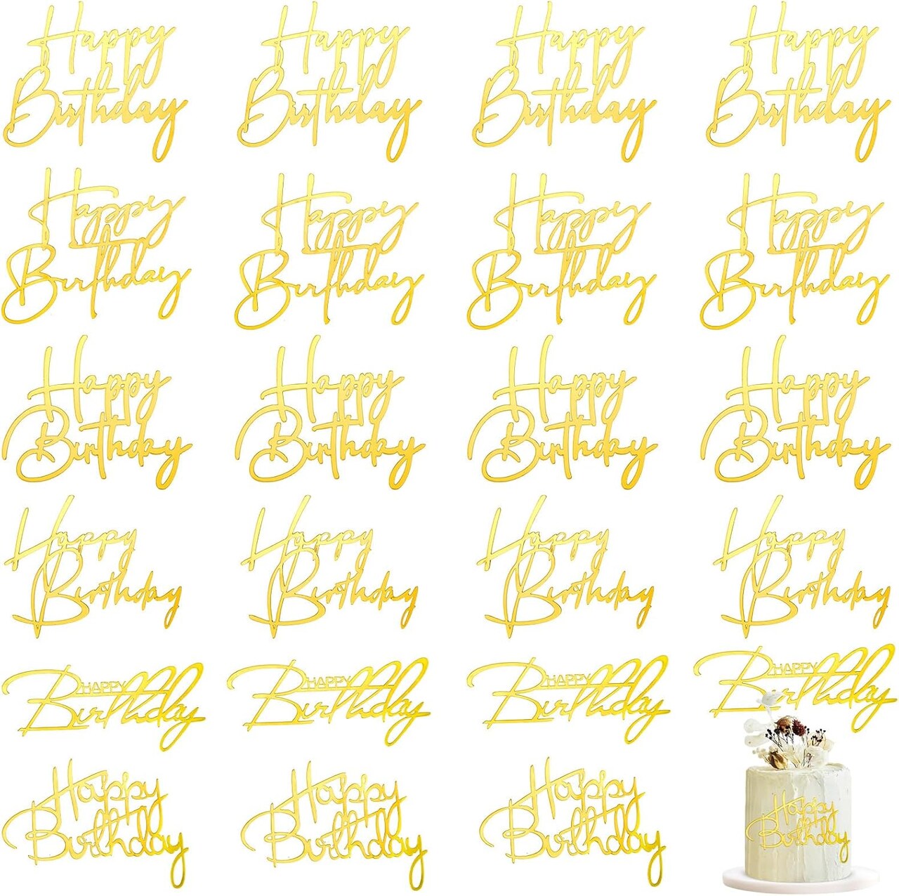 24PCS Black & Gold Happy Birthday Cake Toppers – Mirror Acrylic Cupcake Picks, 6 Styles, 1"x1"